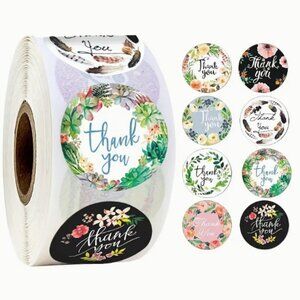 NEW 5 ROLLS OF THANK YOU MULTI COLORED FLORAL PACKAGE STICKERS (2500 TOTAL) 1"